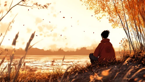 Autumn anime figure beside glowing lakeside horizon at dusk.