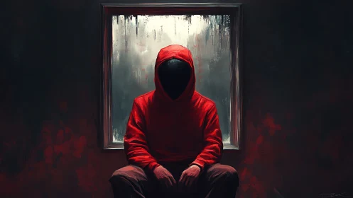 Hooded figure seated before window with obscured background.