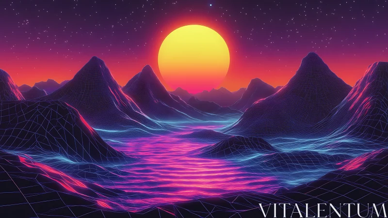 Neon wireframe sunrise over retro-futurist polygonal valley.