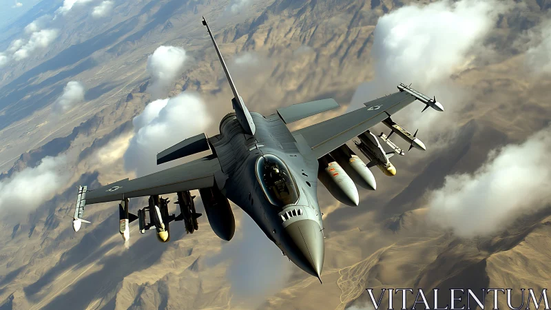 Modern fighter jet soars above rugged desert clouds in formation.