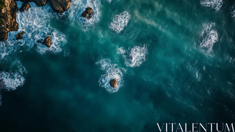 Foamy circles chase quiet rocks through teal ocean glass