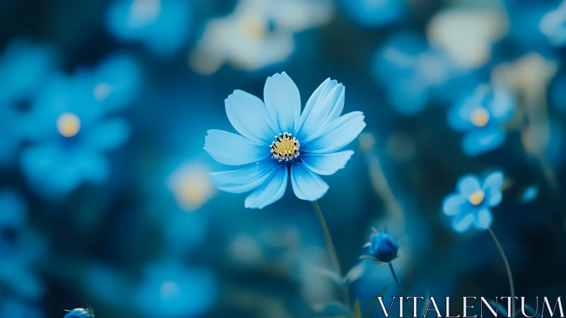 Light blue cosmos flower in selective focus field composition