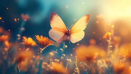 Soft orange butterfly over warm bokeh flower meadow.