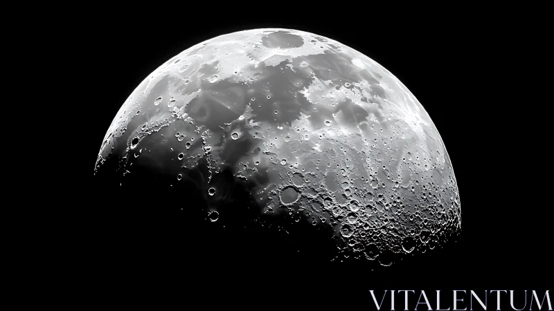 Half-lit lunar giant leans into darkness, craters aglow