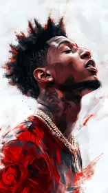 Bold portrait in red capturing confident creative energy.