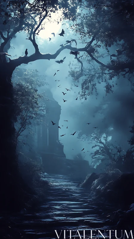 Moonlit stone path through dense foggy forest at night.