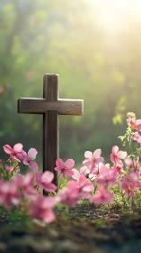 Wooden cross bathing in dawnlight among gentle pink blooms.