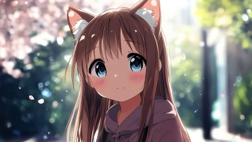 Soft-lit anime catgirl portrait with shallow depth of field bokeh