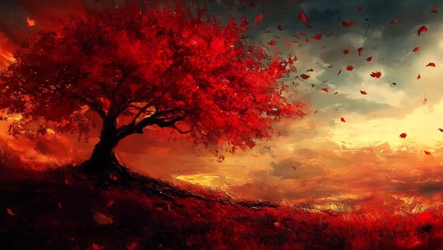 Crimson deciduous tree on windswept ridge at fiery sunset