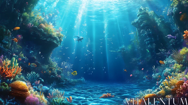 Sunlit coral canyon with vibrant reef ecology in motion.