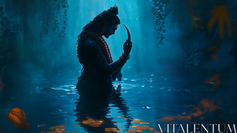 Digital painting of divine figure in luminous misted lagoon profile.