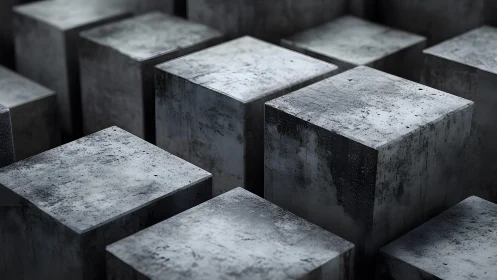 Weathered concrete cubes form a stark industrial pattern