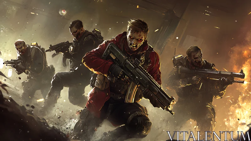 Undead tactical squad advances through burning warzone.