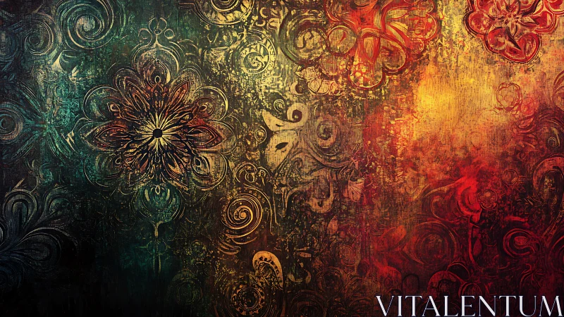 Whirling floral mandalas drift through molten dusk haze.