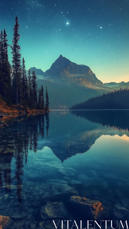 Starlit mountain lake reflects calm pines in twilight stillness.