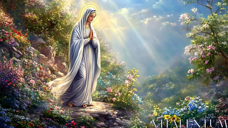 Serene veiled woman in radiant garden bathed in heavenward light.