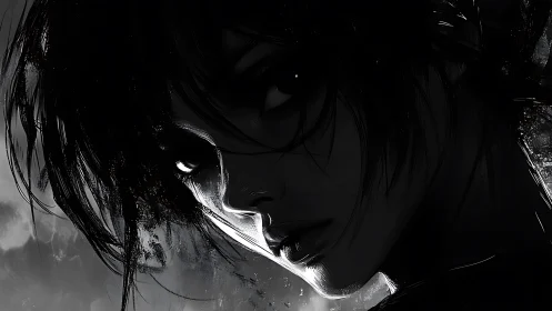 Brooding monochrome portrait with stark rim lighting.