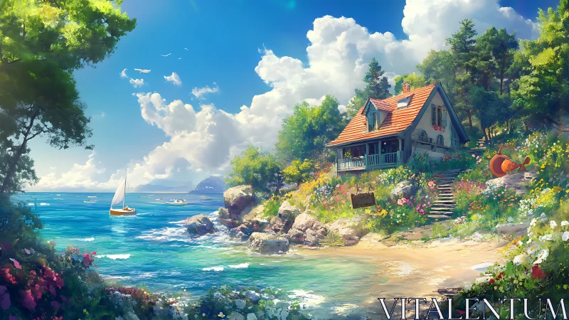 Clifftop cottage overlooking Mediterranean seascape with sailboat.