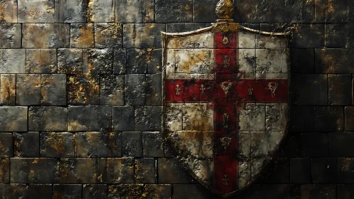 Weathered crusader shield hangs on dark stone fortress wall