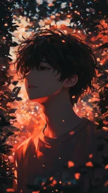 Backlit anime youth rendered with high-contrast bokeh lighting effects