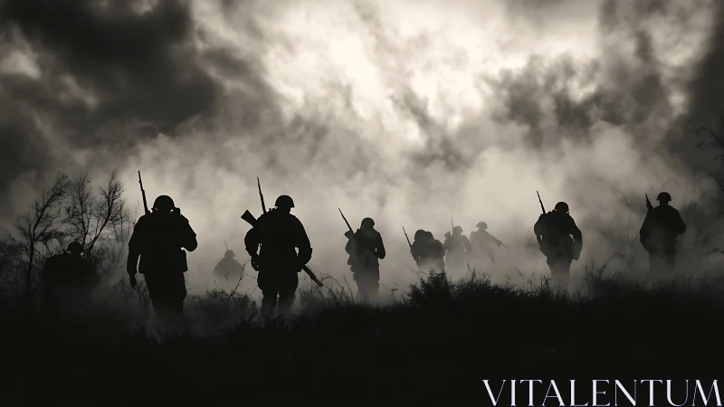 Backlit infantry silhouettes advance through dense battlefield fog