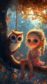 Little girl and wide-eyed owl sitting on tree branch at dusk.
