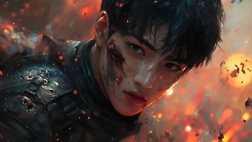 Battle-scarred cyber soldier in burning embers, close portrait