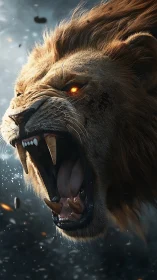 Close-up digital render of roaring lion with glowing eye.