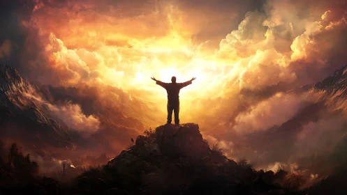 Silhouette embraces blazing sunrise over epic mountain valley.