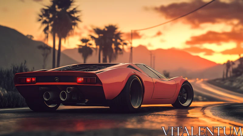 Retro supercar speeds along coastal highway at sunset.