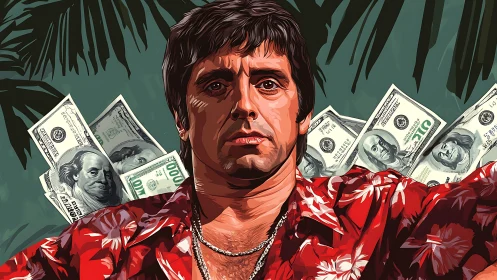 Tropical kingpin glare amid palm shadows and flying dollars.