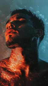 Surreal male portrait fused with fire and ocean light.
