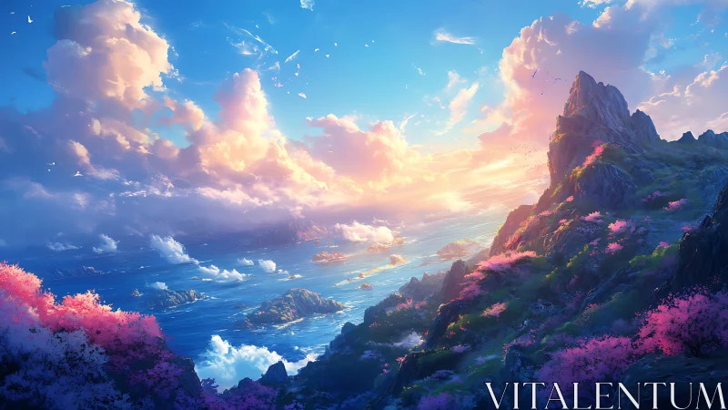 Radiant coastal cliffs under ethereal sunrise skyscape.