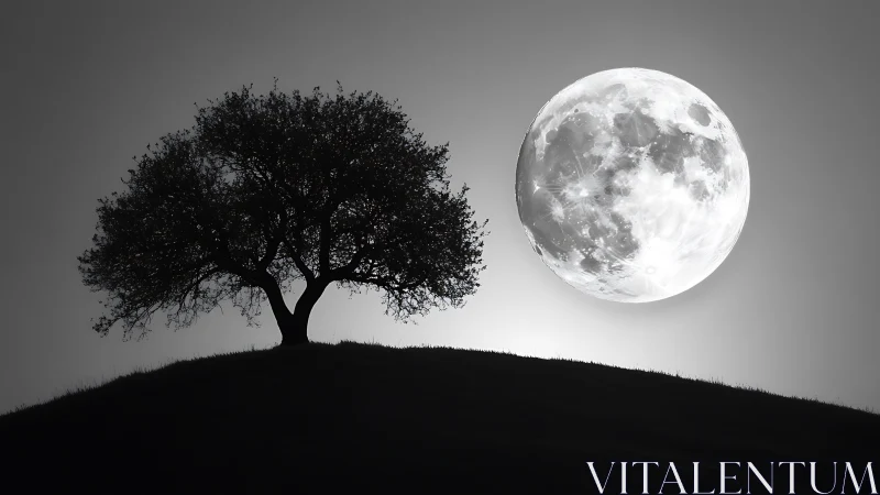 Lone hilltop tree courting an oversized silver moon.