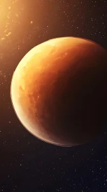 Sunlit orange planet against starry deep space background.