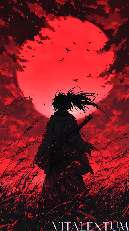 Silhouetted swordsman stands in field under massive red sun