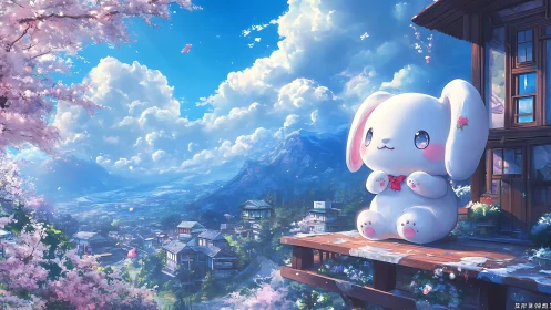 Giant sakura bunny daydreaming above a sunlit mountain town.