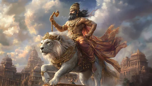 Warrior king rides armored white lion through ancient city