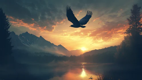 Silhouette eagle flies over misty lake at vivid mountain sunrise