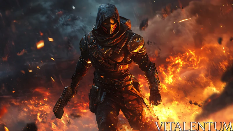 Armored cyber assassin strides through explosive inferno.
