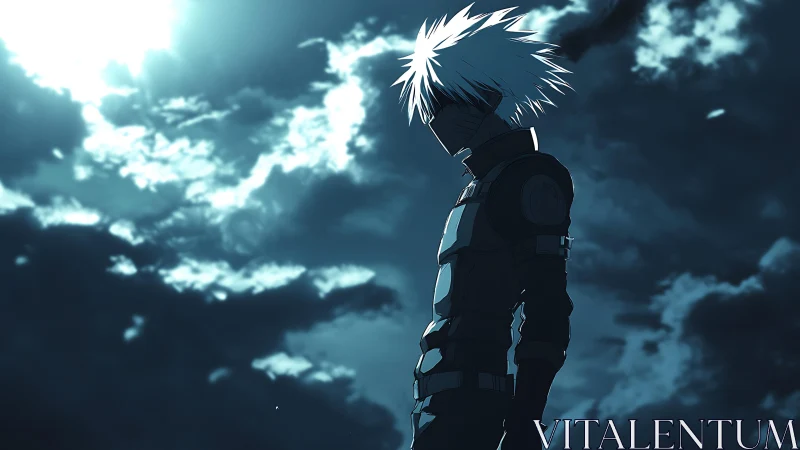 Backlit masked fighter in stylized nocturnal storm sky scene