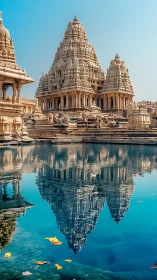 Twin temple spires shimmer in a sapphire reflection pool.
