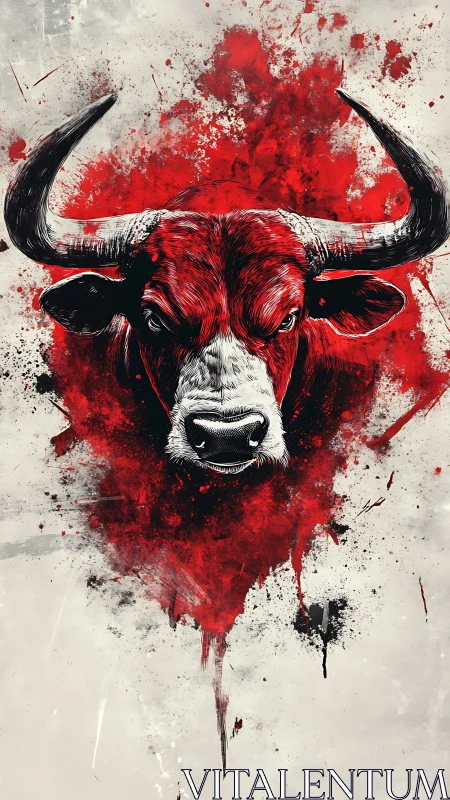 Powerful red bull portrait bursts forward in bold splashes