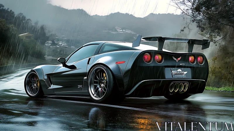 Sleek black sports car waits on a rain-soaked mountain road