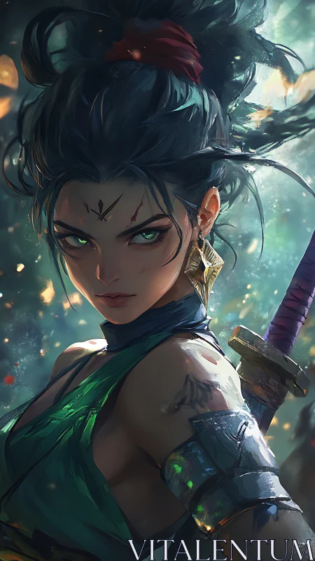 Green-eyed warrior stands ready with drawn sword in forest