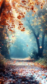 Autumn's Glowing Pathway Through the Misty Forest.