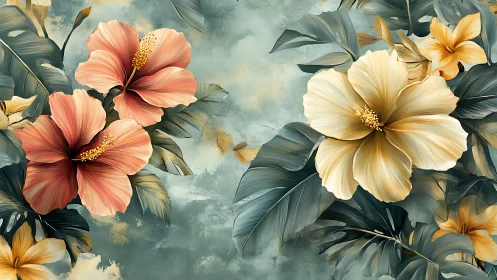 Tropical Hibiscus Blooms on Textured Watercolor Background.
