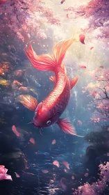 Blossom-bright koi drifts upward through a painted spring dream