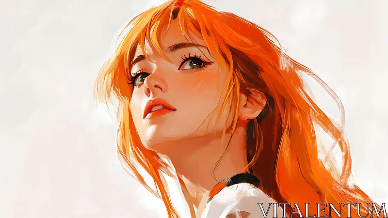 Fiery-haired heroine gazes upward in luminous portrait.