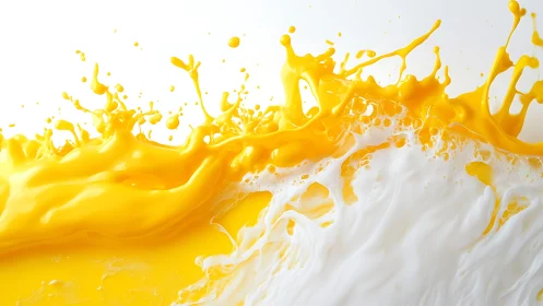 Dynamic splash of yellow and white paint in high-speed motion.
